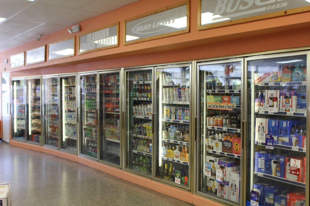 chilled beverages in commercial refrigeration unit