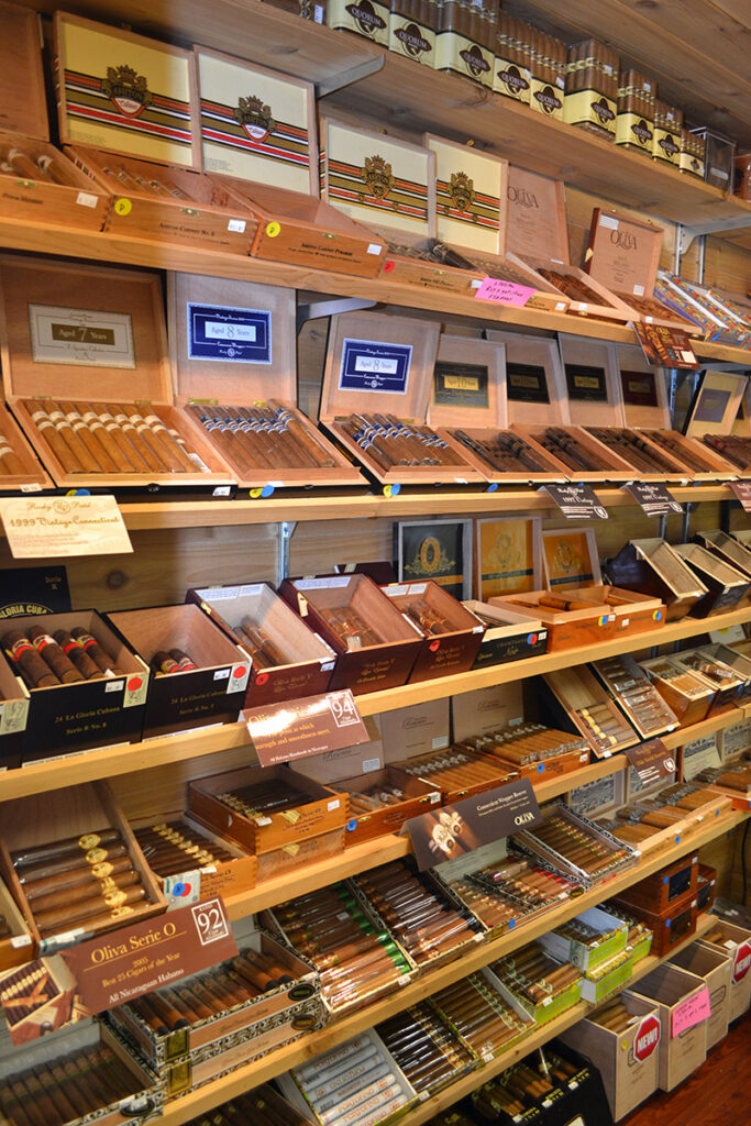 shelves of cigars inside the walk-in humidor